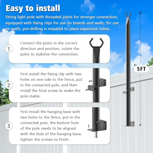 NUERPO 10 Pack String Light Poles,5Ft Metal Poles for Outdoor String Lights,Outdoor Light Poles with Post,Poles/Stand for Outside,Patio,Deck,Backyard,Garden Wedding,Party - size: 10 Pack 5ft String Light Pole
