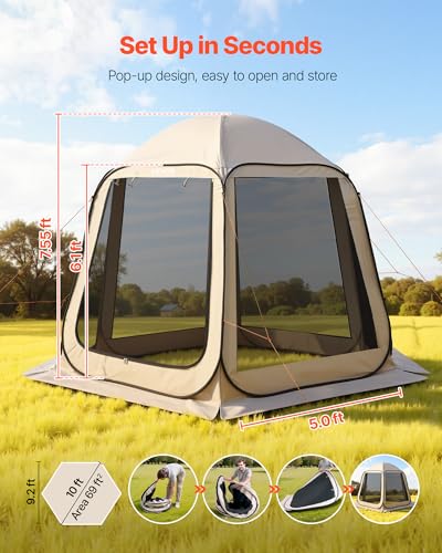 VEVOR Pop up Screen House Tent, 10 x 9.2 ft, 4-8 Person Screen Gazebo, Portable Screened in Canopy with Carry Bag, Netting Sides, Ground Stakes, for Garden, Patio, Backyard, Outdoor Activities, Beige - color: Beige, size: 10x9.2x7.55 FT