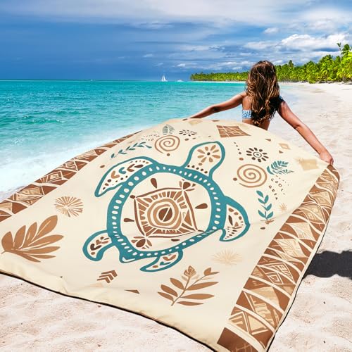 WIWIGO Beach Blanket Waterproof Sandproof Beach Mat 79" X 83"/10'x9'for 2-8 Adults Quick Drying Outdoor Picnic Mat Beach Accessories for Travel, Camping, Hiking - color: Beige Sea Turtle - Geometric, size: 79" X 83"（1-4person）