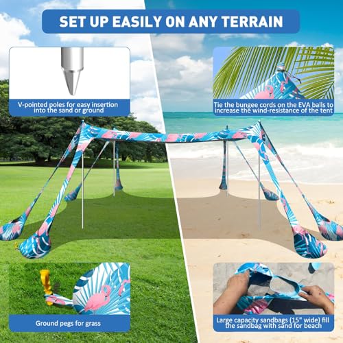 Beach Tent Sun Shelter 10x10ft Beach Canopy Easy Pop Up Sun Shade Portable UPF50+ with 8 Sandbags-2 Sand Shovel-4 Aluminum Poles-Ground Pegs for Outdoor Family Camping Fishing Backyard Picnic - color: Flamingos, size: 10x10 FT 4 Pole