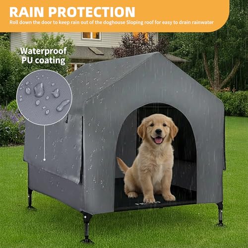 36" Dog House Outdoor Indoor with Breathable Mesh Windows, 2-in-1 Outside Dog House Elevated Dog Bed Cot Dog Tent Shade Shelter, Easy to Assemble & Clean (36 INCH) - size: 36 INCH