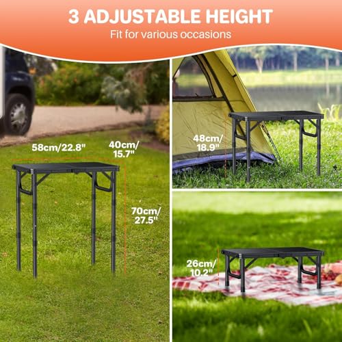 FUNYKICH 2ft Small Folding Camping Table(22.8'' Lx15.7'' W), 3 Height Adjustable Portable Picnic Table, Lightweight Aluminum Outdoor Table with Carry Handle for Camping, BBQ, Beach, Picnic, Black - color: Black, size: Tabletop size: L22.8"xW15.7"