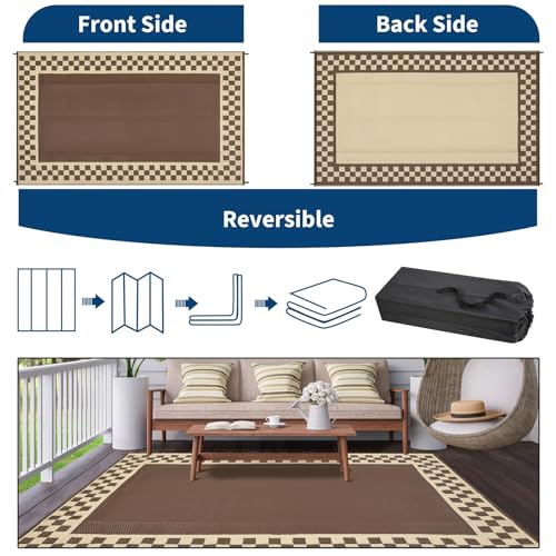 Outdoor Rug Waterproof 8x10 ft Reversible Weather Resistant Plastic Straw Rugs with Stakes & Carry Bag, Modern Geometric Outdoor Patio Rug, Portable Camping Carpet for Backyard, Brown Beige - color: Border1|brown Beige, size: 8' x 10' (Rectangular)