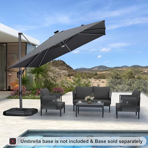 PURPLE LEAF 10 Feet Patio Umbrella Outdoor Cantilever Solar Powered LED Square Umbrella Aluminum Offset Umbrella with 360-degree Rotation for Garden Deck Pool Patio Light Grey - color: Light Grey, size: 10' X 10', style: Standard（LED）