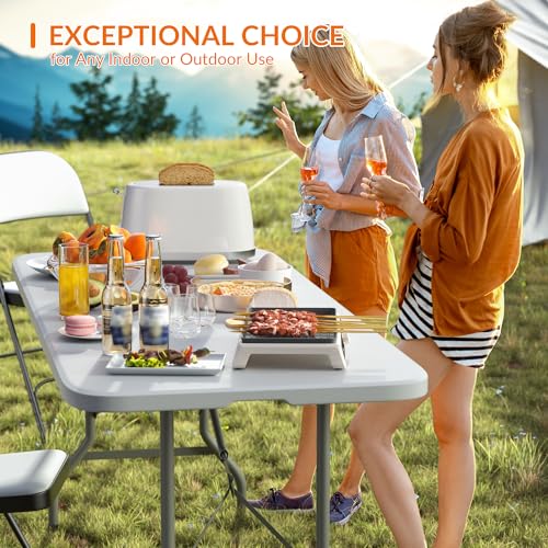 Elevon Folding Table Set with 6 White Folding Chairs,6 Feet Heavy Duty Fold-in-Half Utility Table Sets for Picnic, Event, Training, Outdoor Activities, at Home and Commercial Use - size: 6 feet, style: With 6 Chair