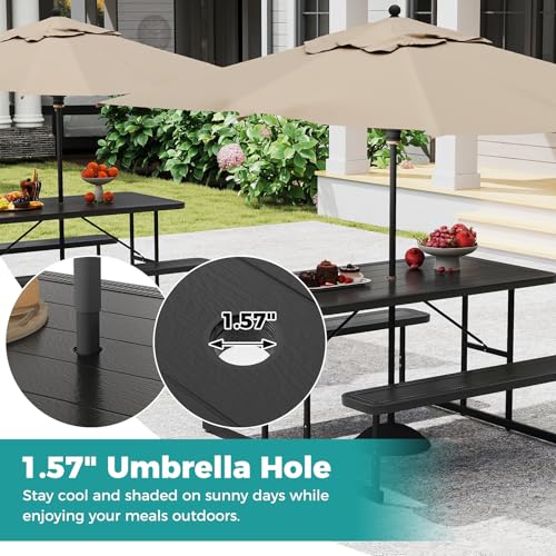 Giantex Picnic Table Bench Set for 4 People, 4.5FT Outdoor Rectangular Dining Table & 2 Benches w/Umbrella Hole, HDPE Tabletop, Metal Frame, Patio Garden Backyard Poolside (4.5FT,Non-Foldable,Black) - color: Black, size: Rectangle-54"x28"x30"