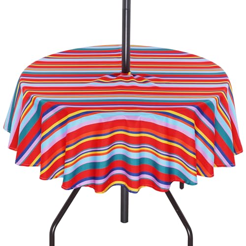 SquarePie Round Outdoor Tablecloth with Umbrella Hole and Zipper Patio Waterproof Table Cloth Cover for Camping Picnic BBQs Backyard,60 Inch Color Stripe - color: Color Stripe, size: 60" (Round)