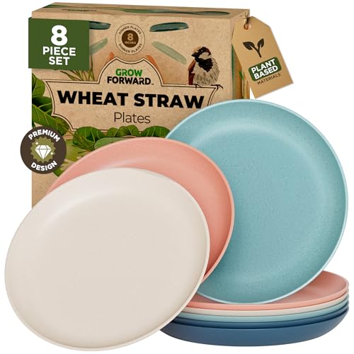 Grow Forward Premium Wheat Straw Plates - 8 Inch Reusable Hard Plastic Dinner Plates Set of 8 - Unbreakable Microwave Safe Plates for Dessert, Camping, RV, Outdoors, Patio, Kitchen Dishes - Tropical - color: Tropical, size: 8 inch