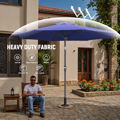 Outdoor Patio Umbrella with One Push Button Tilt and Crank, 8 Sturdy Ribs Market Table Umbrella - color: Blue-Fiberglass Ribs, size: 10FT