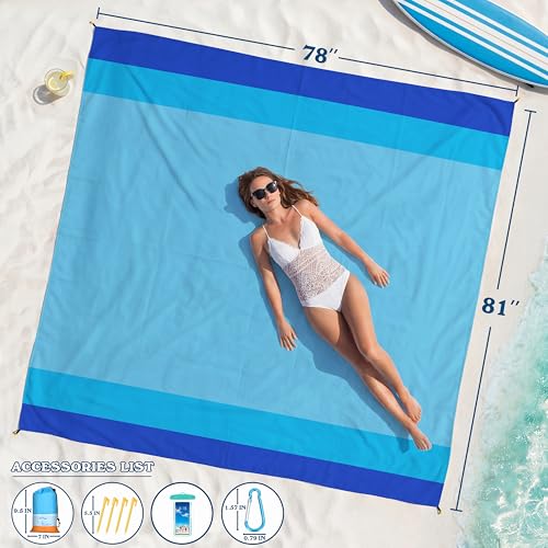 Famstar Beach Blanket Oversized Extra Large 78" X 81",Waterproof Sandproof Beach Blanket 1-7 Adults Lightweight Durable for Travel Camping Hiking Picnic - color: Blue3, size: 78" X 81"