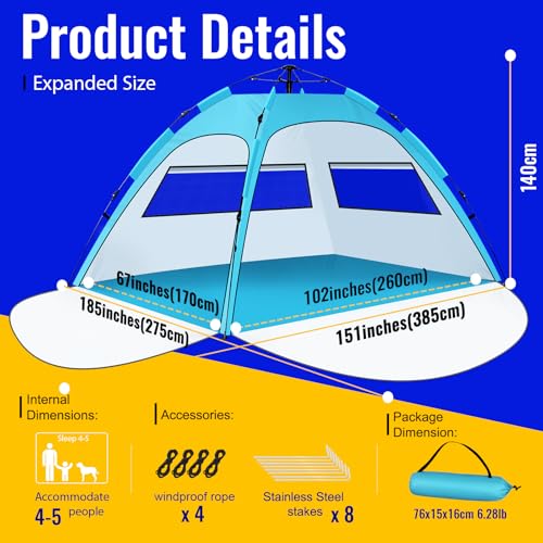 Beach Tent Sun Shelter – Pop Up Easy Setup in 3S Instant Tents for 4/5 Person Beach Umbrella Sun Shelter Shade, UV 50+ Protection, Wind Resistant, Lightweight Portable Baby Tents Shade for Family