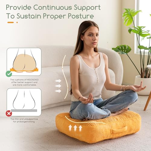 HIGOGOGO 6" Extra Thick Floor Pillow Cushion for Adults, Meditation Cushion Pillow, Large Square Floor Sitting, Tufted Corduroy Cover, for Tatami Living Room or Yoga, 22x22 Inch, 2Pack, Orange - color: Square Orange, size: 6" Thick(Pack of 2)