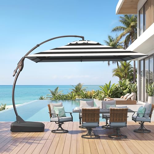 Grand patio 10x10 FT Patio Cantilever Umbrella with Base Outdoor Large Square Tilting Offset Umbrellas for Pool Deck (Black & White, 10x10 FT) - color: Black & White, size: 10X10 FT