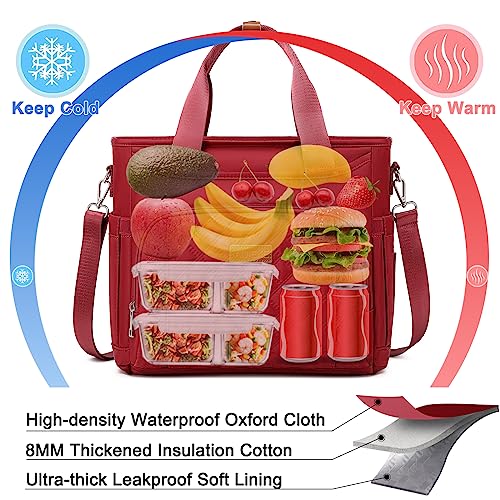 AIJIEKE Extra Large Lunch Bag for Women & Men, Insulated Leakproof Lunch Box for Work, Reusable Adult Lunch Tote with Shoulder Strap, Multi-Pocket Cooler Bag for Office, Picnic, Beach, Red - color: Red