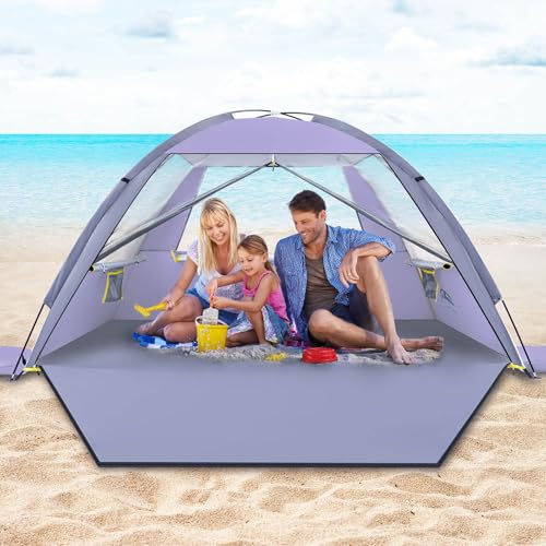 Happy Travel Beach Tent, UPF 50+ UV Protection Sun Shade Shelter for 3/4/5/6/7/8 Person, Portable Beach Canopy for Family & Baby, Lightweight & Easy Setup Beach Cabana with 3 Ventilation Mesh Windows - color: Purple, size: 3 Person