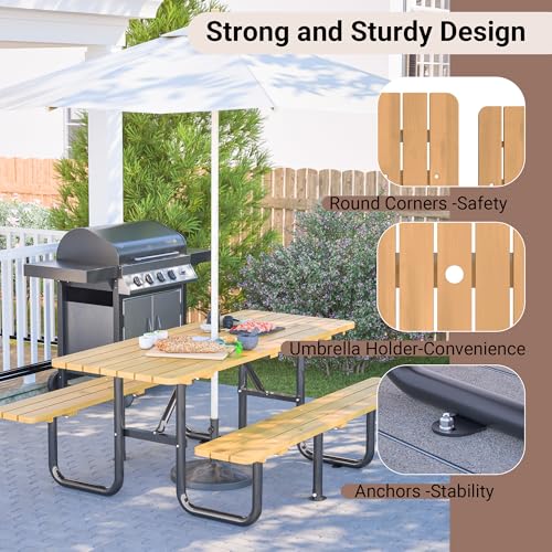 Outdoor Wooden Picnic Table Heavy Duty Picnic Tables Benches Set with Umbrella Hole , 72” Dining Table Set for 6 Person Metal Frame & Solid Wood Waterproof Tabletop for Backyard, Porch, Patio(Natural - size: Heavy Duty-yellow