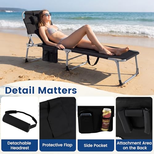 COSTWAY Tanning Chair with Face Hole, Folding Beach Lounge Chair with 4-Position Adjustable Backrest, Pillow & Side Pocket, Foldable Chaise Lounge Chair Outdoor for Sunbathing, Camping (1, Black) - color: Black