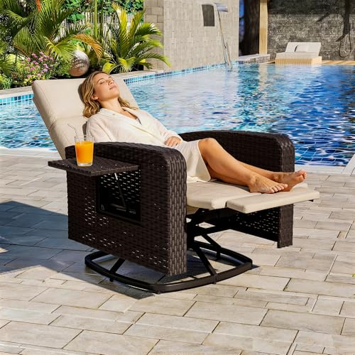 Outdoor Swivel Recliner Chair,Dual-Adjust Outdoor Patio Chair with Adjustable Backrest and Footrest,Wicker Patio Chair with Flip-Up Table for Living Rooms,Pools,Balconies, patios,courtyards