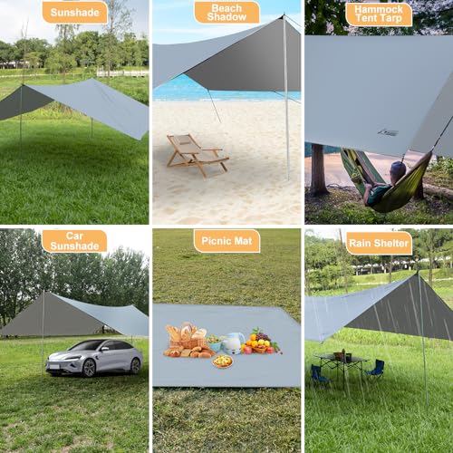 Camping Tarp with Poles, 16x12 Ft Camping Canopy, Waterproof Tent Tarp, Rain Shelter for Camping, Picnic,Beach, Outdoor Activities, Extra Large, Lightweight and UV Resistant, Extra Large, Grey
