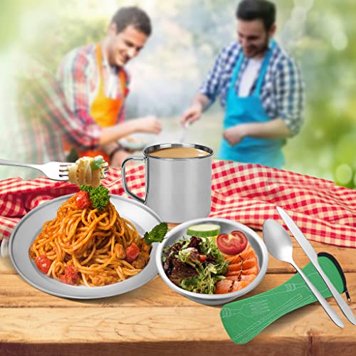 Stainless Steel Camping Cutlery Set - 8 Piece, Includes Spoons, Mugs, Bowls, Plates, Rags & Organizer Straps - Easy to Carry for Backpacking, Camping, Hiking and Picnics - color: Green