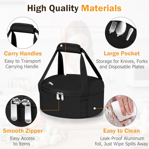 Round Insulated Casserole Carrier – 12" Portable Pie Carrier Bag for Hot or Cold Food, Leakproof Thermal Lunch Tote with Handle for Parties Picnic & Travel - Black - color: Black, size: Single