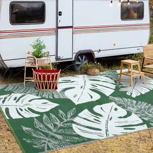 Waterproof Outdoor Patio Rug 9x18 ft, Reversible Plastic Straw Area Rug, Camping Rug Carpet, Portable Outdoor Area Rug, for RV, Camper, Deck, Balcony, Porch, Beach, Picnic - Green/White - color: Green & White, size: 18' x 9' (Rectangular)