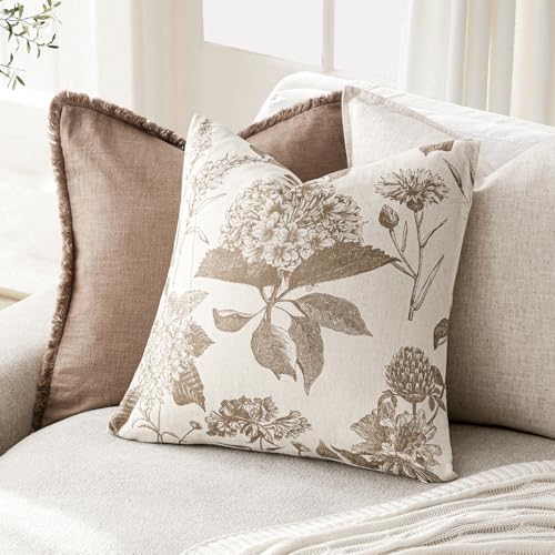 Foindtower Set of 2 Linen Floral Throw Pillow Covers Vintage Accent Print Decorative Cushion Covers Farmhouse Boho Home Decor for Sofa Chair Couch Bedroom Living Room,20×20 Inch,Light Brown - color: Light Brown, size: 20" x 20" (Pack of 2)