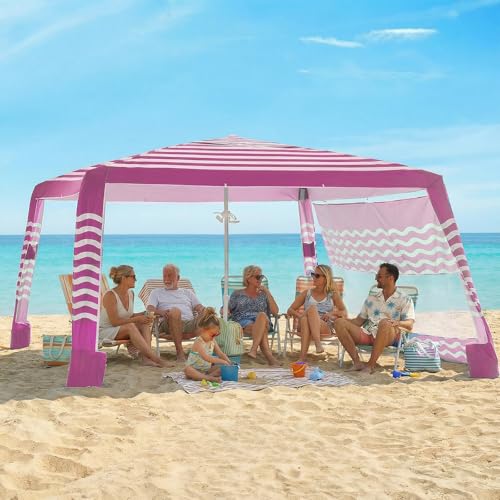 Zeraty Beach Cabana 8'×8', Portable Beach Canopy with Side Wall, UPF 50+ Silver-Coated Beach Tent Sun Shelter, Wind Resistant Adjustable Altitude Beach Umbrella Tent for Family, Pink - color: Pink