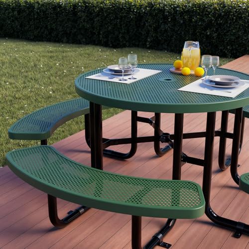 Metal Picnic Tables for Outdoors with Umbrella Hole - Coated Steel Heavy Duty Commercial Grade Furniture Set with Adjustable Seats (Green, 46 in, Round, Punched Steel) - color: Green, size: 46 In, Round, Punched Steel