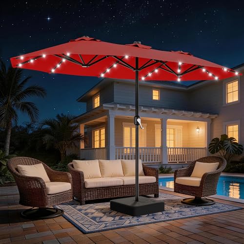AreShark 13 FT Patio Umbrella with Solar Lights, Double-Sided Outdoor Table Umbrellas with Crank, Large Rectangular Market Umbrella for Porch, Lawn, Pool, Backyard, Red - color: Red, size: 6.5x13 Ft