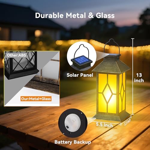 2Pack Patina 13" Metal & Glass Solar Lantern with Flickering Flame, Outdoor Waterproof Hanging Lantern for Garden Patio Yard Pathway Porch Decorative, Vintage Gifts for Mom - style: Bronze-Rhombus