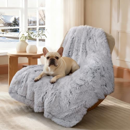 Luciphia Large Waterproof Dog Blanket for Pet Washable Liquid Proof Bed Intimacy Protection Shaggy Plush Calming Long Faux Fur Couch Cover Calming Cat Throw Blankets, Mist Grey, 60" x 80" - color: Mist Grey, size: 60"x80"