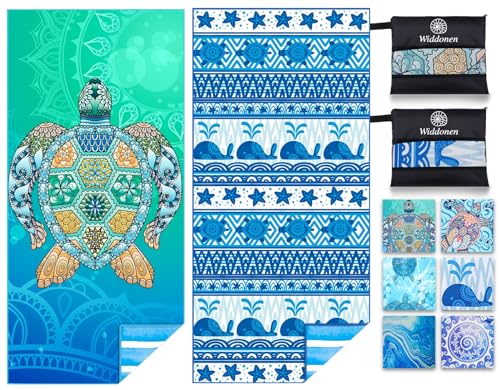 2 Pack Microfiber Lightweight Beach Towel Sand Free Quick Dry Absorbent Thin Compact Towels for Swimming Pool Camping Beach Accessories Large Easy Pack Travel Things for Vacation Essentials Gift - color: 2 Pack Turtle Multi, size: 32x71 Inch
