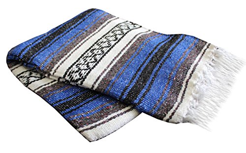 Del Mex Classic Mexican Blanket, Large Authentic Woven Falsa Throw (70"x50"), Artisan Southwest Décor for Beach, Yoga, Outdoors (Blue) - color: Blue