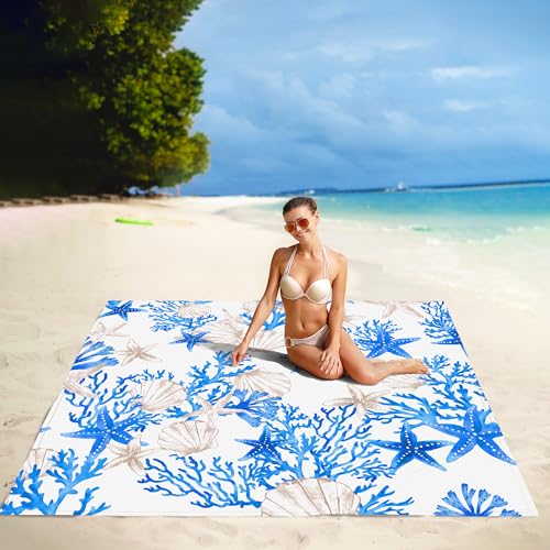 Beach Blanket Waterproof Sandproof, 110''×118'' Extra Large Blue Beach Mat for 1-8 Adults, Lightweight & Compact Sand Free Outdoor Beach Essentials for Picnic, Camping, Travel - color: Blue Starfish, size: 9x10 FT (1～8 person)
