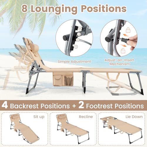 COSTWAY Tanning Chair with Face Hole, Folding Beach Lounge Chair with 4-Position Adjustable Backrest, Pillow & Side Pocket, Foldable Chaise Lounge Chair Outdoor for Sunbathing, Camping (1, Beige) - color: Beige