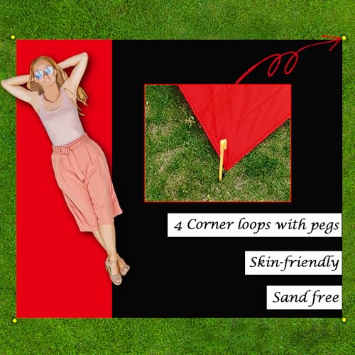 Outdoor Pocket Blanket Extra Large Beach Blanket Sandproof 82″x 78″for 4-6 Adults Compact Foldable Quick Drying Lightweight Picnic Blankets Waterproof with 4 Stakes & Bag (Black+Red) - color: Black+red