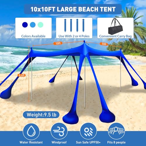 Beach Tent Sun Shelter 10x10ft Beach Canopy Easy Pop Up Sun Shade Portable UPF50+ with 8 Sandbags-2 Sand Shovel-4 Aluminum Poles-Ground Pegs for Outdoor Family Camping Fishing Backyard Picnic - color: Navy, size: 10x10 FT 4 Pole
