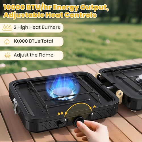 2 Burner Camping Propane Stove, Portable Folding Propane Stove with Carrying Bag, Adjustable High Heat Burners & Piezo Push-Button Instant Ignition, Outdoor Tailgating, Backyard BBQ Camping Essentials