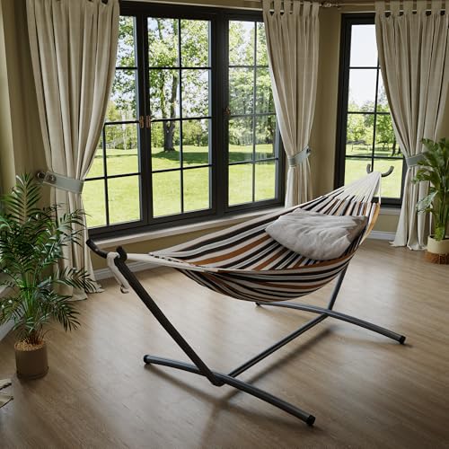 GarveeLife Double 2 Person Hammock, Indoor Outdoor Standing Hammock with Space Saving Steel Stand, Carry Bag, 450 LBS Weight Capacity, Suitable for Garden Camping Beach, Coffee - color: Coffee