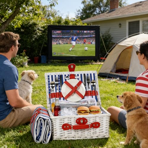 Wicker Picnic Basket for 2 with Waterproof Picnic Blanket and Insulated Bag, Patriotic Red White and Blue Star Pattern for Soccer Game, Camping, Travel, Birthday Gift, Wedding Gift - color: Classic Red White and Blue - 1