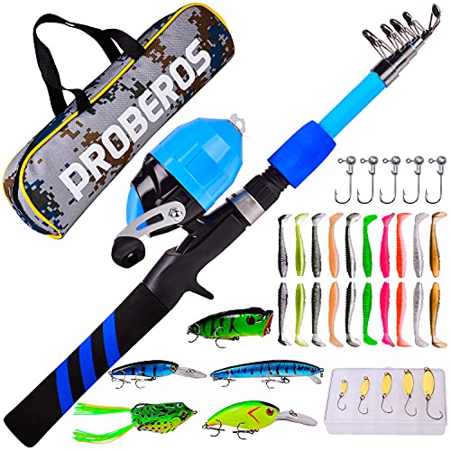 PROBEROS Kids Fishing Pole - Portable Telescopic Fishing Rod and Reel Combo Kit - Spincast Fishing Reel Casting Rods with Lures Lines Tackle Box and Bag for Boys Girls Youth Fishing - color: Blue(Black Handle Rod), size: 1.8M/5.9Ft