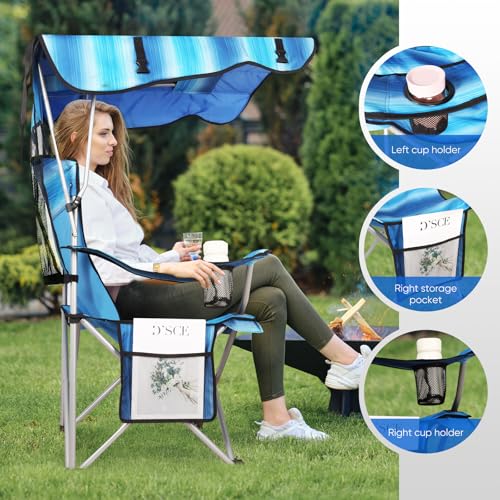 VTOY Portable Camping Chair with Canopy - Folding Chair with Canopy, Durable 600D Oxford Canopy Chair for Camping, Beach, Picnics, Fishing & Sports - color: 1pack Stripe Blue