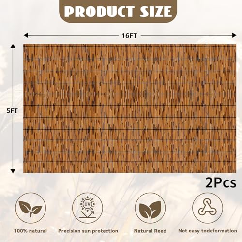 KOIUEYW Bamboo Reed Fencing, Light Russet Decorative Bamboo Privacy Fence 5ft High, Reed Curtains for Patio Garden Balcony Outdoor Privacy Screen, 5 x 16 FT (2 Pcs) - color: Light Russet, size: 5 x 16 FT (2 Pcs)