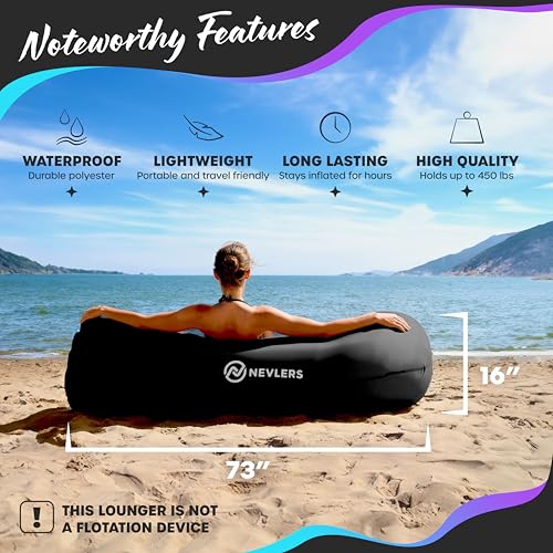 Nevlers Dark Black Inflatable Lounger | 210T Polyester Inflatable Chair | No-Pump Air Couch | Outdoor Inflatable Couch w/ 450lbs. Cap., Pockets & Matching Bag | Use as Blow Up Couch for Adults & Kids - color: Dark Black, size: 1 Pack