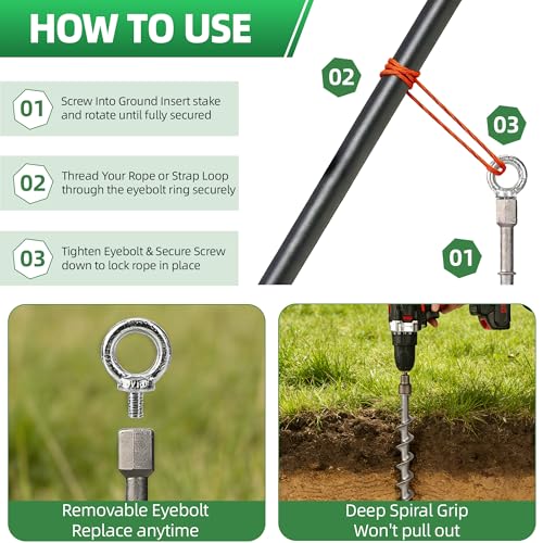 Screw in Tent Stakes 16 Pack Extra Long 14 inch, Heavy Duty Aluminum Ground Anchors with Hex Top for Cordless Drill, Detachable Hooks & T-Handle for Trampoline RV Awning Sand Soft Soil