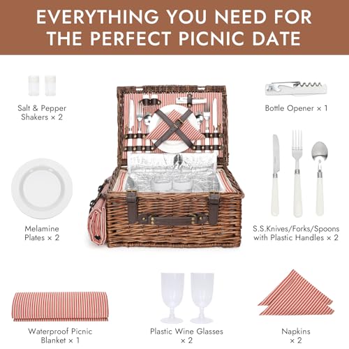 Picnic Basket Set for 2 Persons with Cooler and Waterproof Picnic Blanket, Classical Wicker Picnic Baskets with Waterproof & Sand-Proof Beach Mat,Willow Hamper Service Gift Set - size: 15.45" for 2 Persons With Cooler