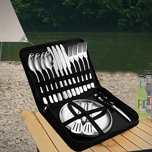 Camping Silverware Silver Picnic Plates and Utensils Set for 4 Portable Tableware Stainless Steel Dinnerware 20 Pieces With Organizer Bag Reusable Durable - size: 20, style: Silver Camping Flatware