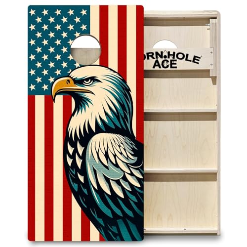 CornholeAce ACE PRO American Flag Cornhole Board Set - No Bounce! Triple Wide Legs, 3/4" Baltic Birch Plywood, Handles, Regulation Size (4x2ft), Tournament Style, Made in USA - color: Vintage Patriotic Eagle