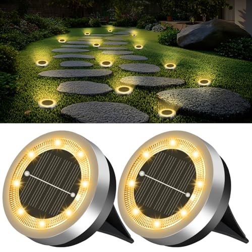 SenLuKit Mini Solar Ground Lights 2 Pack Outdoor IP65 Waterproof Solar Flat Garden Light Solor Powered Disc Pathway Lights for Outside Walkway Yard Landscape Patio Lawn Driveway-Warm White - color: Warm White, size: 2 Pack
